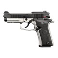 Beretta 80X Cheetah Inox — widok z prawej strony, srebrna rama inox pistoletu