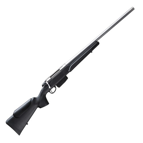 Sztucer Tikka T3x Varmint Stainless - widok ukośny, srebrna lufa, czarna kolba