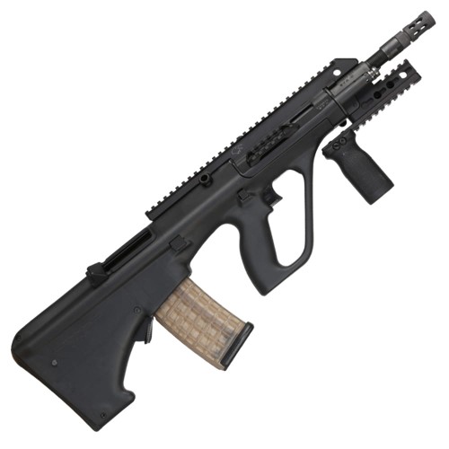 Karabinek Steyr AUG A3 BMI SA - widok z prawej strony, pełna sylwetka broni z szyną i chwytem przednim