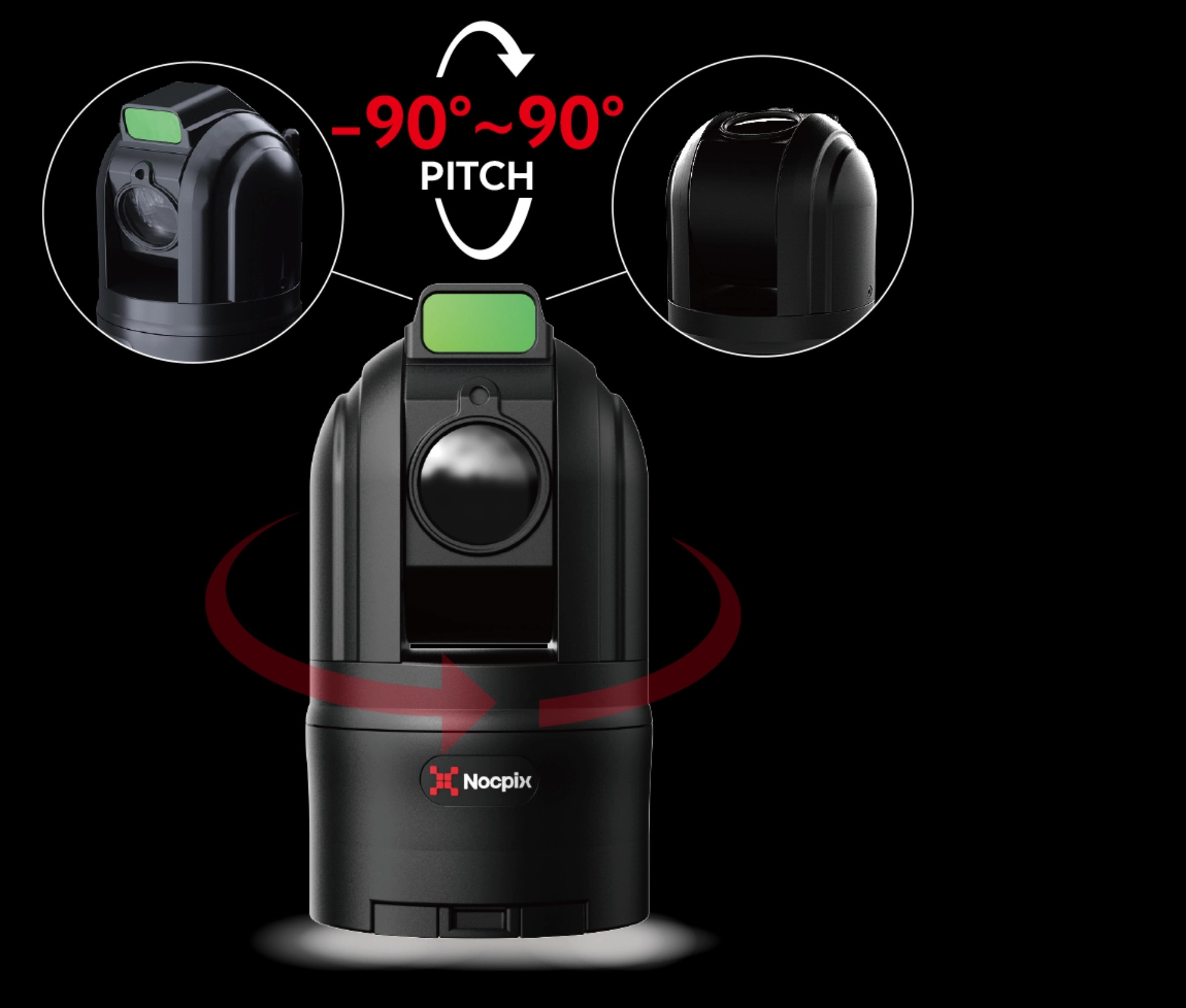 Kamera termowizyjna Nocpix M6T25S z obrotem 360° oraz zakresem pochylenia od -90° do +90°, pokazująca możliwości ruchu głowicy