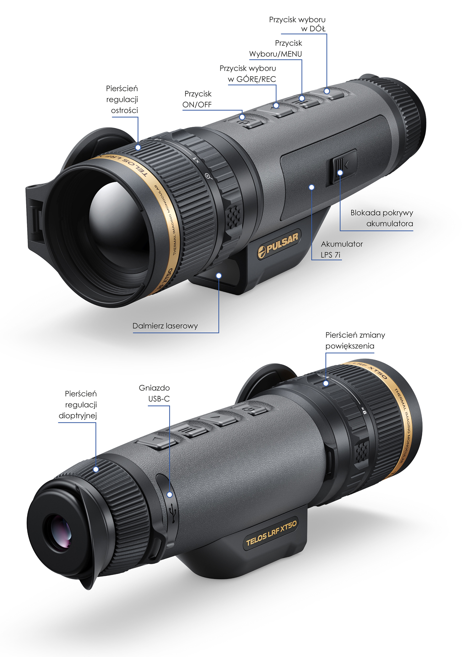 Monokular termowizyjny Pulsar Telos LRF XT50 z oznaczeniami przycisków, pierścieni regulacyjnych, dalmierza laserowego, akumulatora i złącza USB-C.
