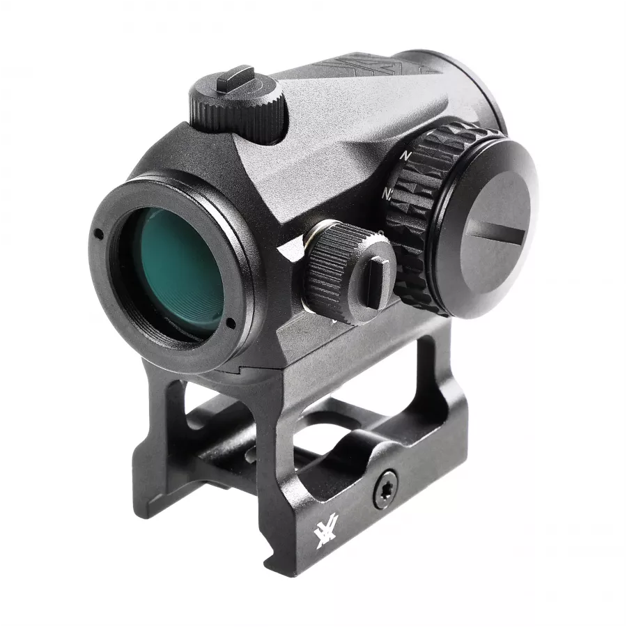 Kolimator Vortex Crossfire Red Dot - widok pod kątem z boku, pokrętła regulacji i wysoki montaż