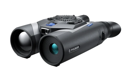 Lornetka multispektralna Pulsar Symbion LRF DXR50 - widok z przodu na obiektywy kanału termowizyjnego i cyfrowego