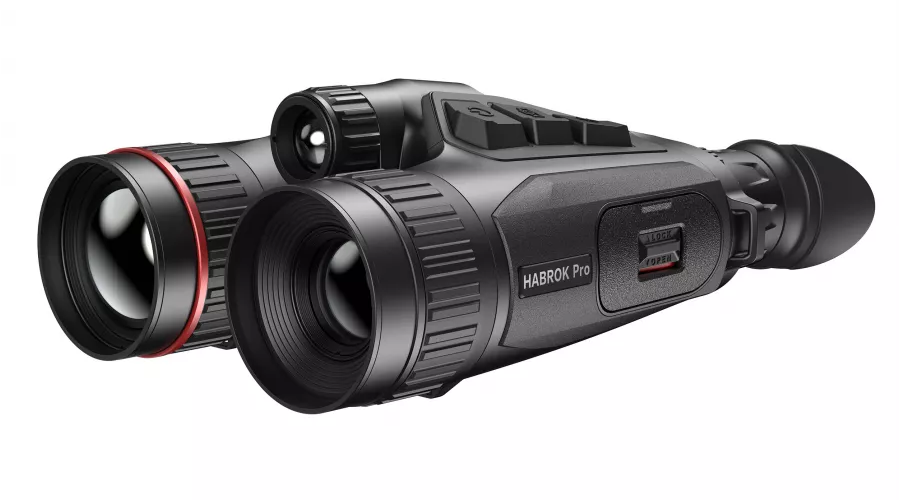 Lornetka termowizyjna termowizor HIKMICRO Habrok Pro HQ50L LRF 850 nm - widok z przodu i z prawej strony na obiektywy