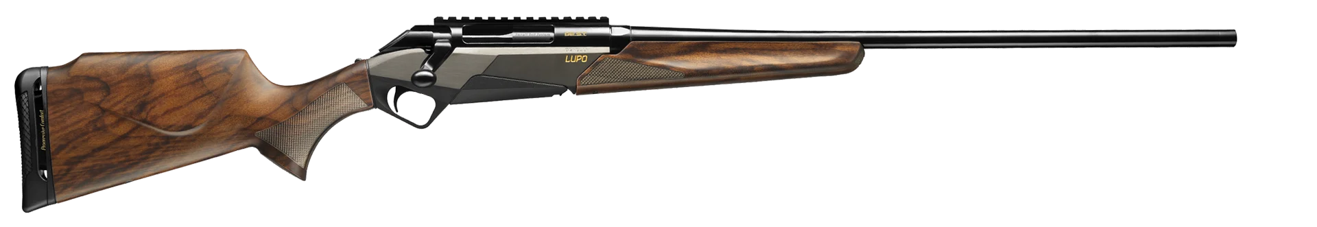 Sztucer Benelli Lupo BE.S.T. Wood - widok z prawej, kolba i łoże z drewna orzechowego, czarna lufa i szyna montażowa