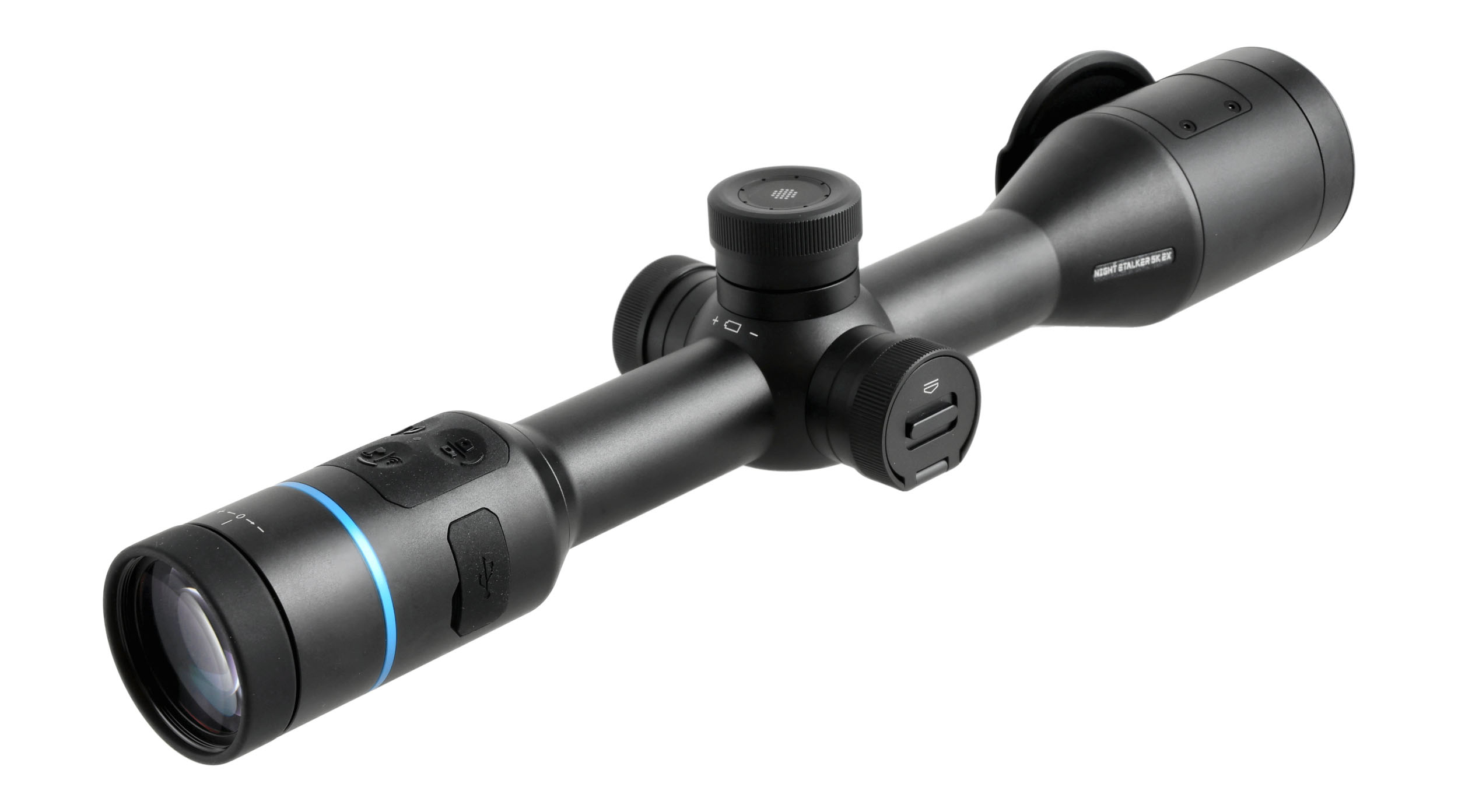 Celownik noktowizyjny PARD Night Stalker 5K eX 70 mm LRF - widok od strony okularu z lewej, pokrętła i przyciski